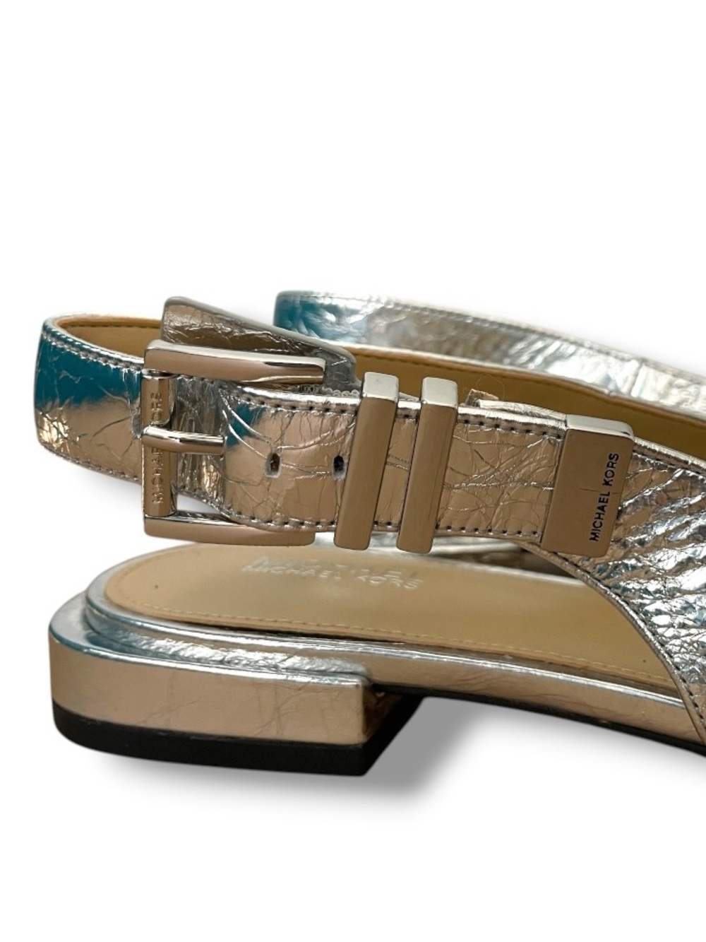 Michael Kors Silver Slingback Flats 7.5M Metallic Crackle Leather Pointed Toe - Picture 2 of 10